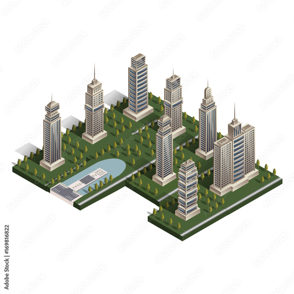 Flat isometric landscape city, building skyscraper