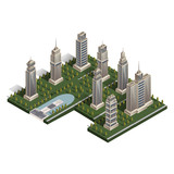 Flat isometric landscape city, building skyscraper