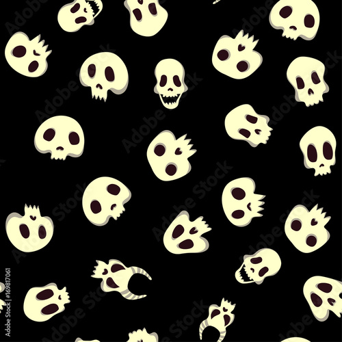 Seamless halloween pattern with skulls. Vector illustration, isolated on black background. Fabric print design.