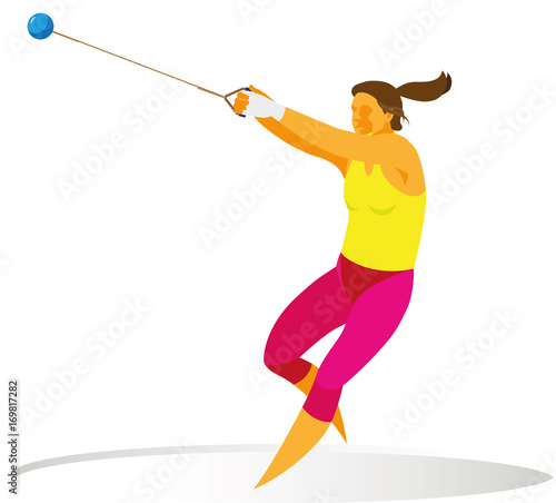 A strong tall woman athlete is a hammer thrower who performs a throw