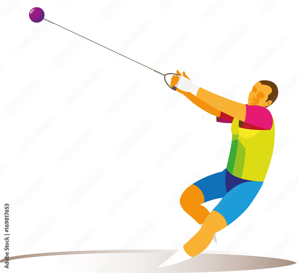 A powerful young athlete performs a hammer throw on the competitions