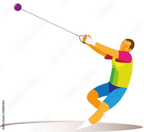 A powerful young athlete performs a hammer throw on the competitions