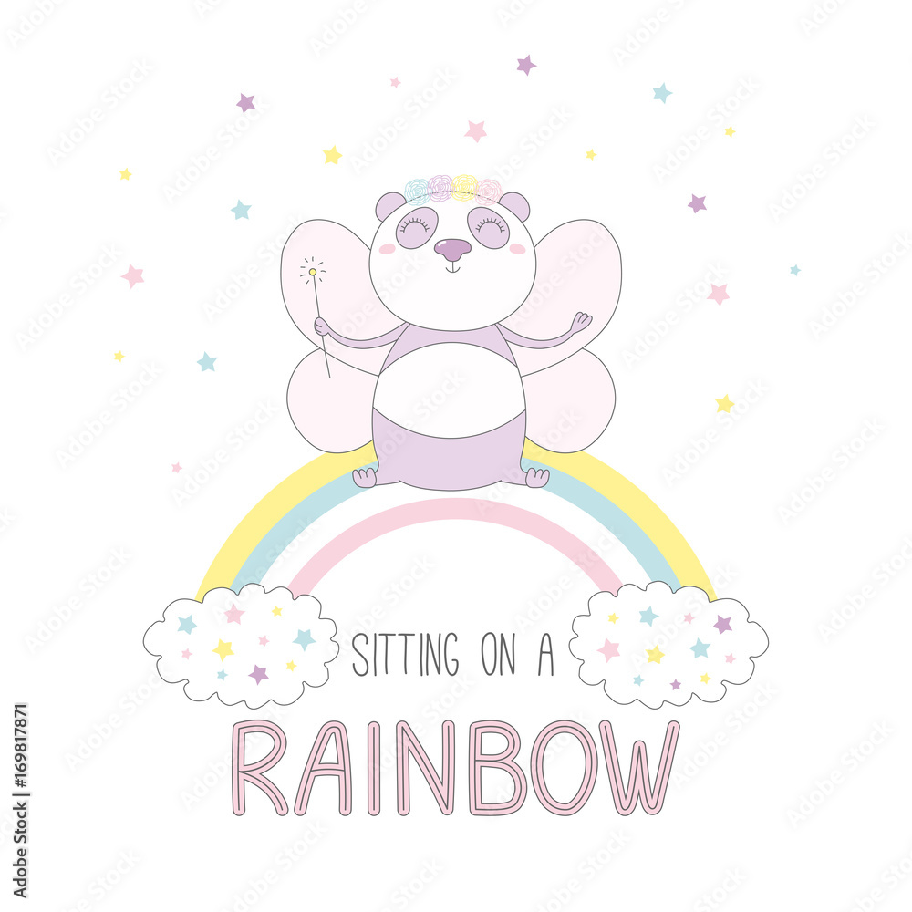 Hand drawn vector illustration of a cute funny fairy panda in a flower chain, with magic wand and wings, sitting on a rainbow, with text. Hand drawn vector illustration of a cute funny fairy panda in a flower chain, with magic wand and wings, sitting on a rainbow, with text.