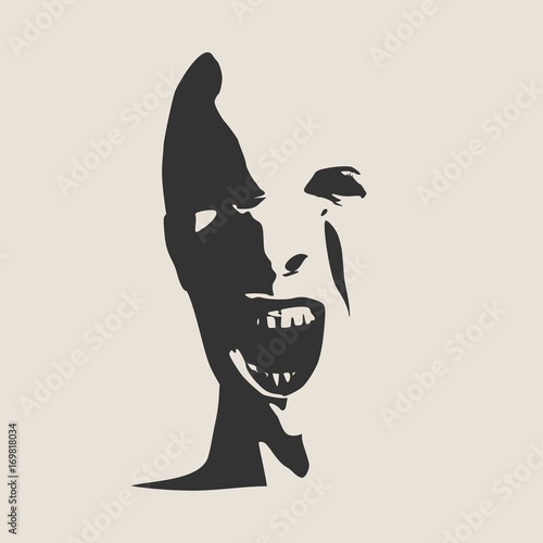 Demonic ugly face. Devil scream character. Demon or monster screaming with in an open mouth as a front view horror face.
