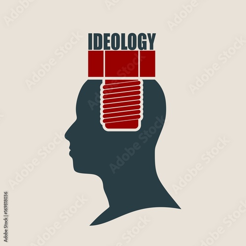 Screw in the head of a person. Mental health relative vector brochure or report design template. Ideology word