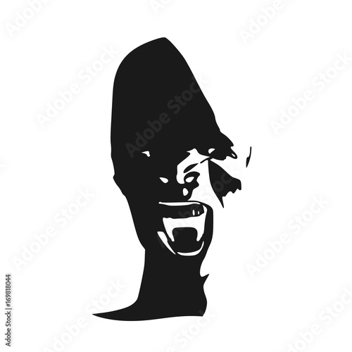 Demonic ugly face. Devil scream character. Demon or monster screaming with in an open mouth as a front view horror face.