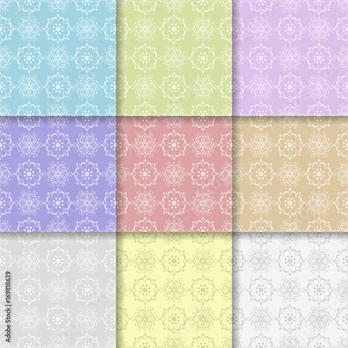 Set of floral colored seamless patterns. Multi colored backgrounds