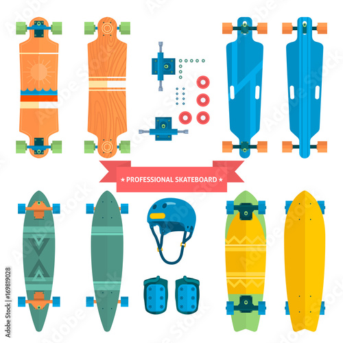 Professional skateboard collection, flat vector skateboard. Skateboard from all sides, extreme. Protection Gear.