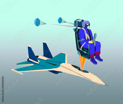 Catapulting pilot with parachute opens  on a special seat from  plane.