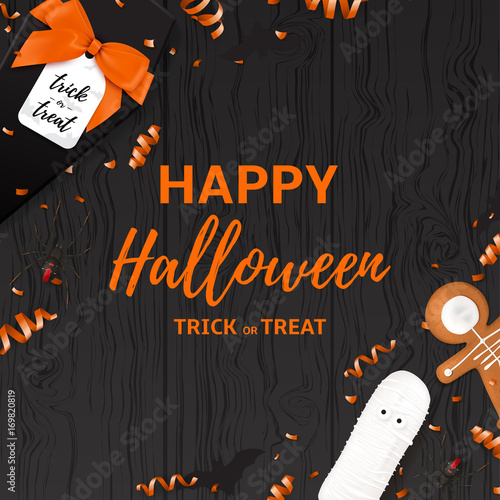 Festive Halloween card template. Top view on spiders, paper bats and confetti on dark wooden texture. Vector illustration with black gift box in the form of coffin.