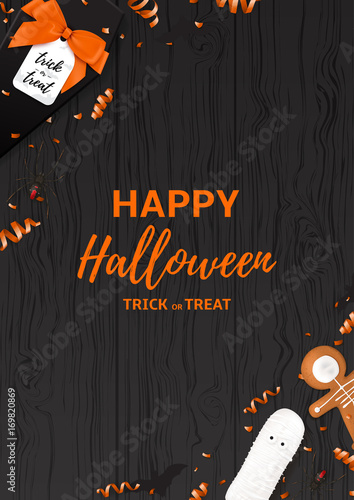 Festive Halloween flyer template. Top view on spiders, paper bats and confetti on dark wooden texture. Vector illustration with black gift box in the form of coffin.