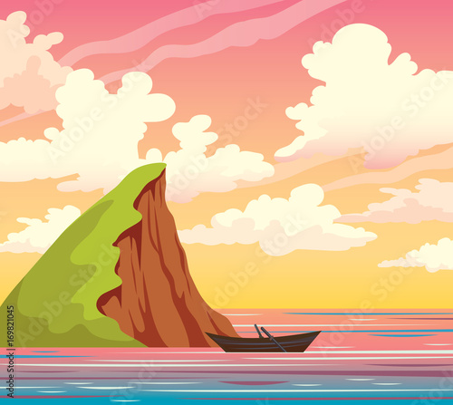 Island, boat, sea, sky, clouds. Sunset landscape.