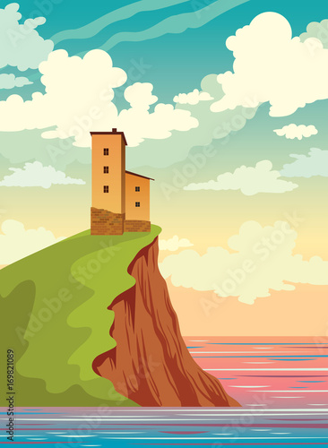 House, island, sea, sunset sky, clouds. Summer nature landscape.