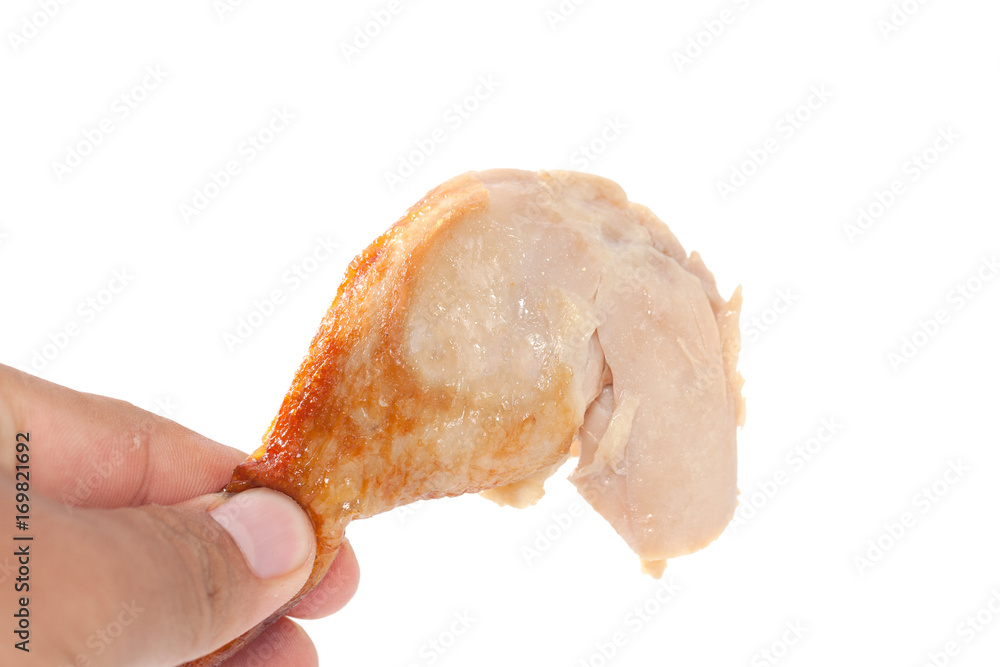 hand holding grilled Drumstick chicken isolated on white background