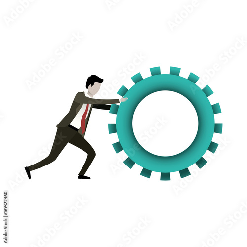 white background with businessman pushing a big gear cogwheel