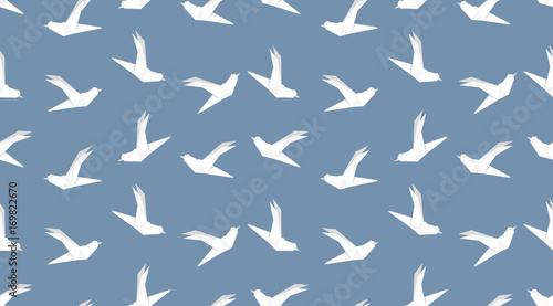 Origami dove bird seamless pattern on blue background. Japanese vector ornament. Endless texture can be used for wallpaper, web page background, surface, textile print..
