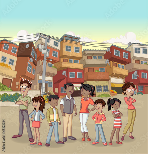 Street of poor neighborhood with cartoon happy black people. Slum. Favela.
