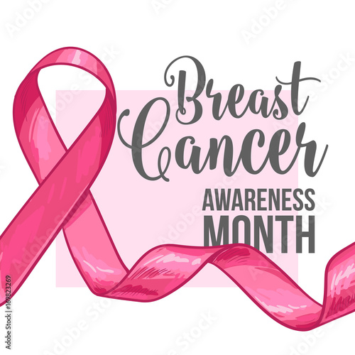 Breast cancer awareness month banner, poster, template with hand drawn pink ribbon, sketch vector illustration. Hand drawn pink ribbon, breast cancer awareness month campaign banner, poster, card