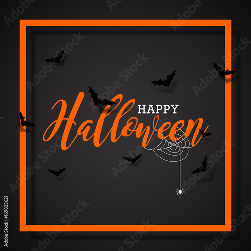 Happy Halloween vector illustration with bats  and spider on black background. Holiday design for greting card, poster or party invitation.