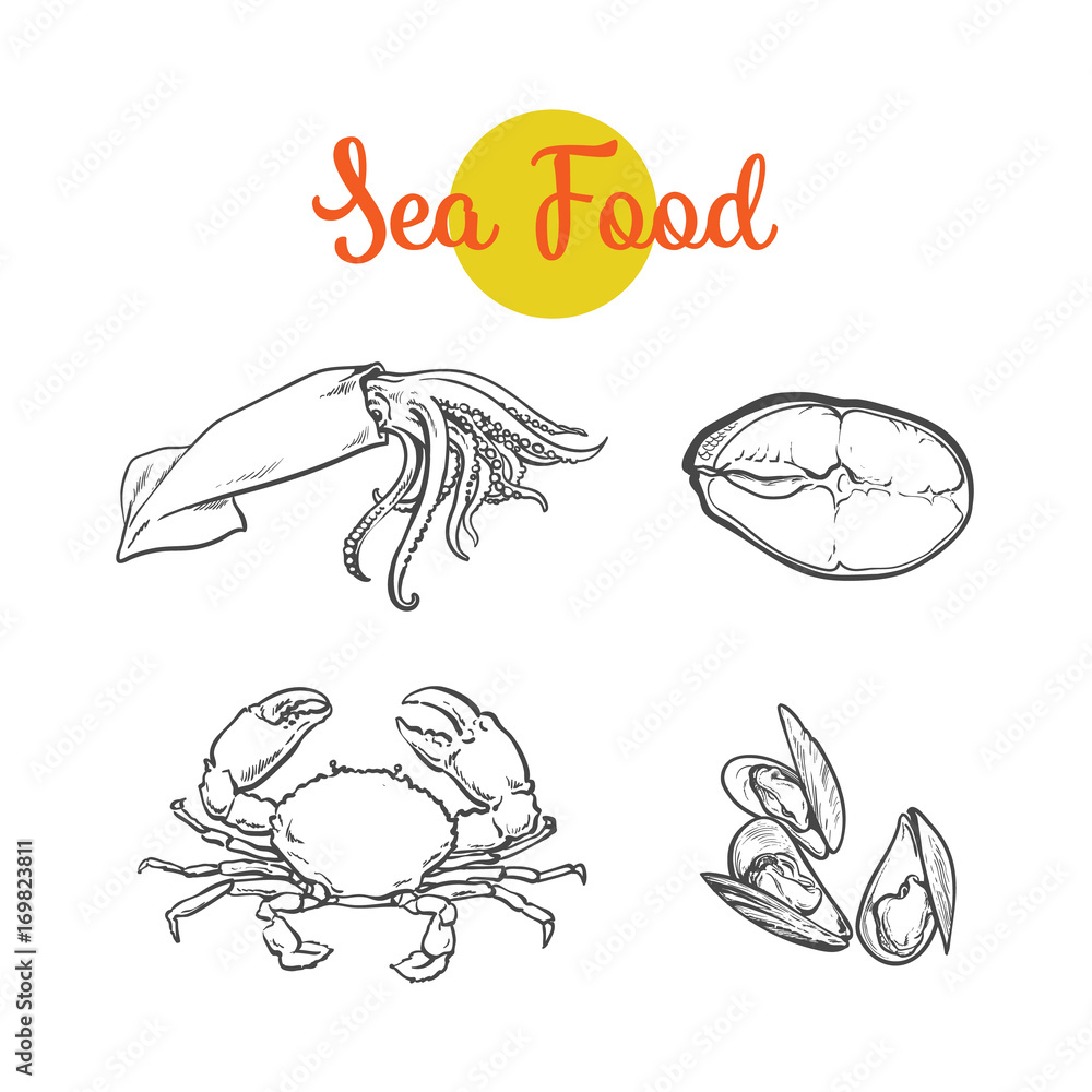 vector sketch cartoon crayfish lobster, squid and sea tuna fish set. Isolated illustration on a white background. Sea delicacy food concept