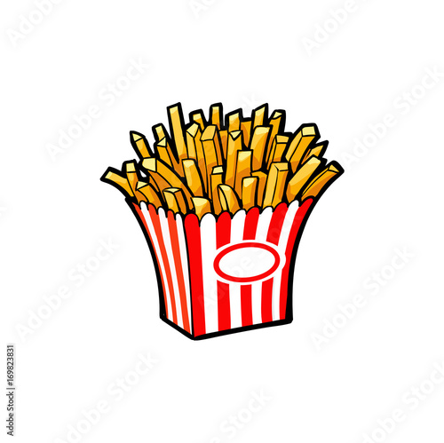 Vector sketch potato fry, french fries on striped red white paper box. Hand drawn cartoon isolated illustration on a white background. Tasty fast food