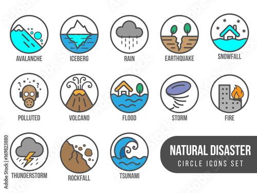 Natural disaster basic circle icon set with tide volcano erupting earthquake flood isolated vector design photo