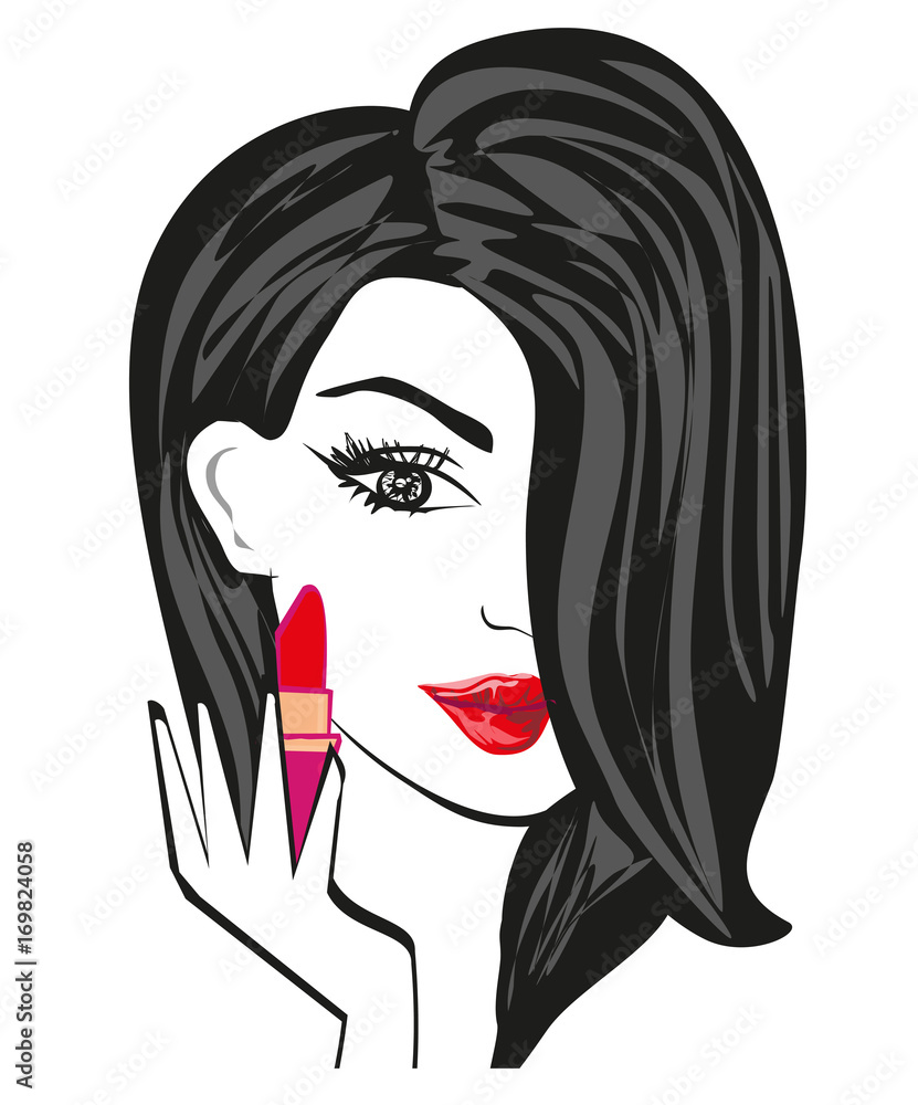 Beautiful brunette woman putting lipstick on Beautiful brunette woman putting lipstick on