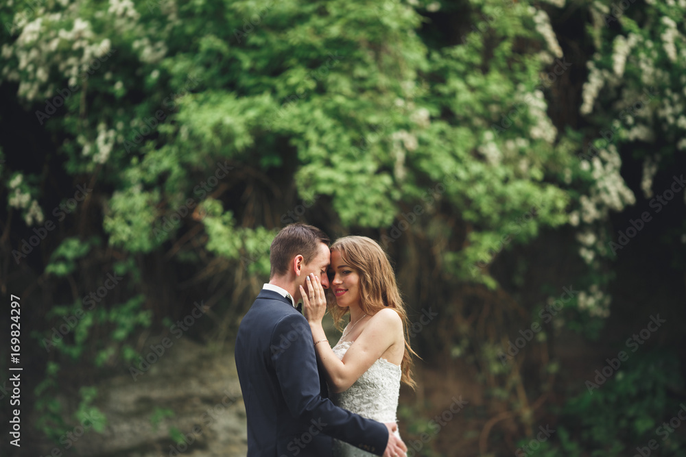 Cheerful married wedding couple posing nea rocks Cheerful married wedding couple posing nea rocks