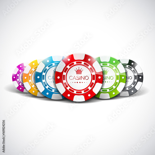 Vector illustration on a casino theme with color playing chips on clear background. Gambling design elements.