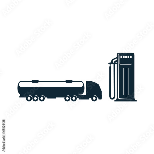 vector gasoline tanker truck vehicle and fueling gas station set simple flat icon pictogram isolated on a white background. Gas oil fuel, energy power industry symbol, sign