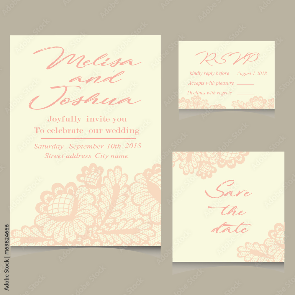 Templates of invitation lace cards for wedding