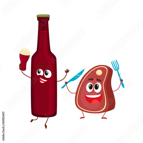 Funny beer bottle and big meat steak characters having fun, cartoon vector illustration isolated on white background. Funny smiling beer bottle and steak, piece of meat characters, good company