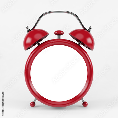 3d illustration of glossy red alarm clock against white background with space for text