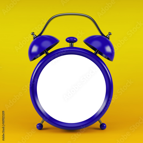 3d illustration of blue glossy alarm clock against yellow background with space for text