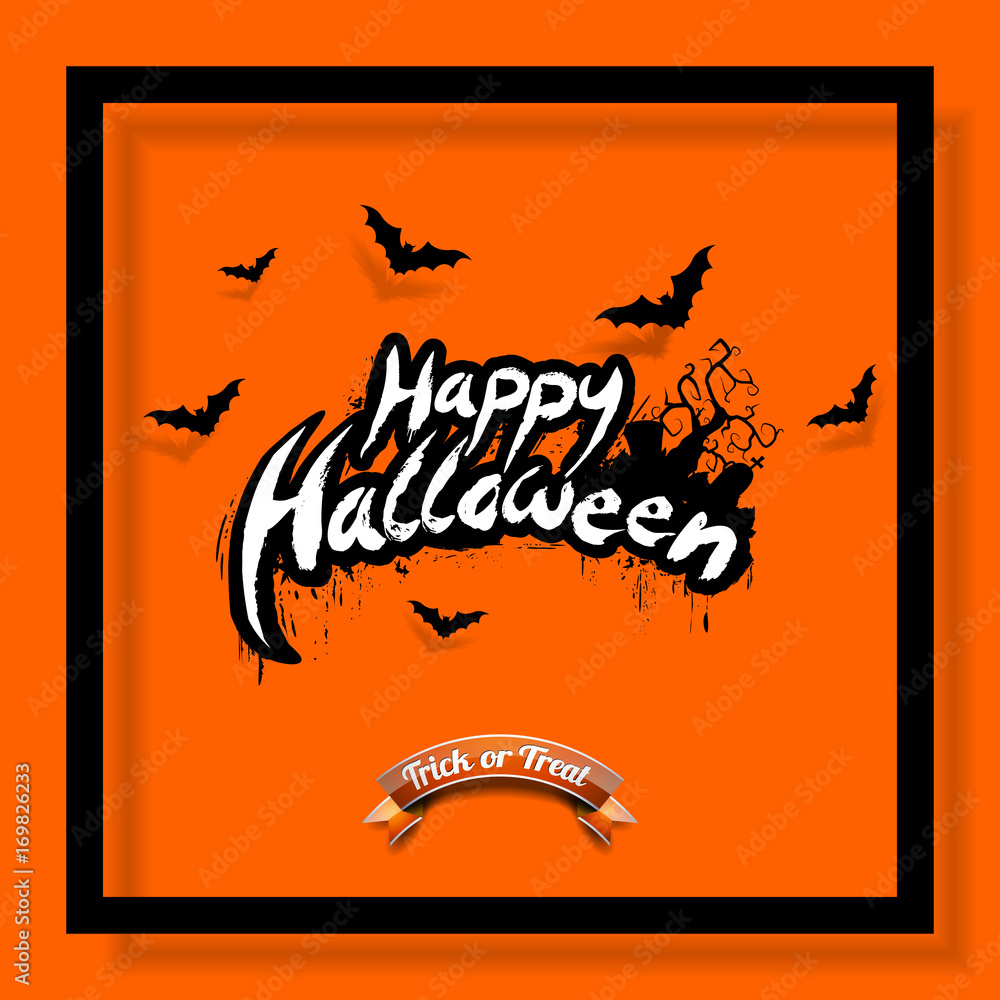 Happy Halloween vector illustration with bats and cemetery on orange background. Holiday design for greting card, poster or party invitation.