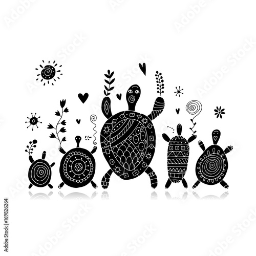Funny family, turtle with chidren, sketch for your design