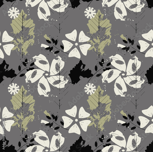Stylish seamless pattern with oak leaves and flowers for your creative ideas. Vector image.