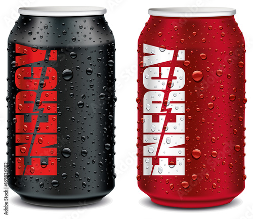 energy drink  tin can red and black with many water drops