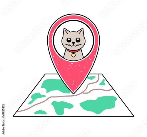 Textured red geotag icon with cat symbol pointing at a map.GPS navigation.Mobile device, smartphone app, website vector illustration.Pet shop sign.Animal shelter location on a plan.Vet clinic emblem.