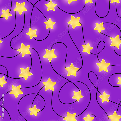 Purple seamless pattern, tangled shining warm yellow light star electric garland. Holiday room decor. Violet christmas background with glowing star shape ornaments. Night lights. New year party design