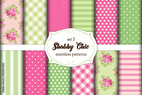 Set of 12 cute seamless Shabby Chic patterns with roses, polka dots. stripes and plaid