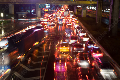 Abstract blur traffic jam at night in Bangkok