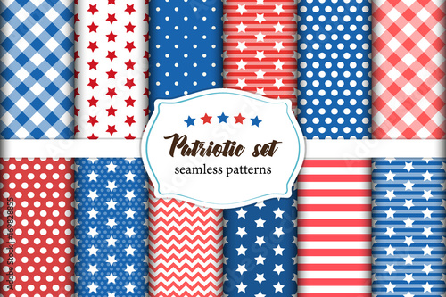 Cute set of American patriotic red, white and blue geometric seamless patterns with stars.