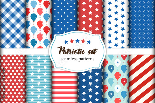 Cute set of American patriotic red, white and blue geometric seamless patterns with stars.