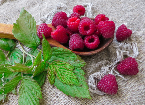 large fresh red raspberry berries, poured into a wooden spoon. photo