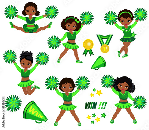 Cheerleaders Team Of Girls .Cheerleading Uniform green vector illustration.