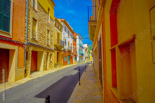 Beautiful view of small old steet in Port D Andratx town, located in Mallorca balearic islands, Spain photo