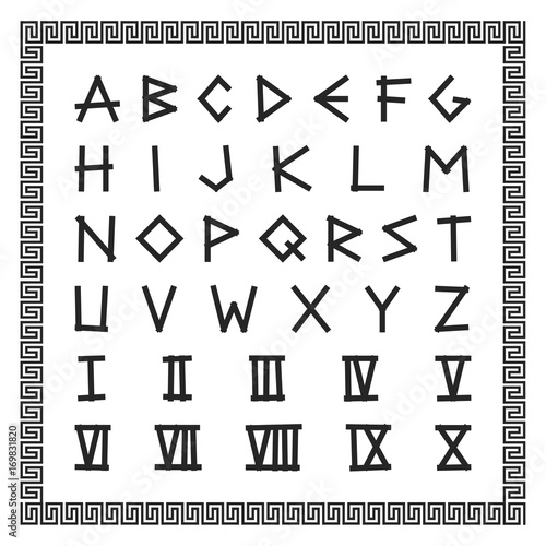 Greek font. Vector english alphabet. Ancient latin letters with numerals.