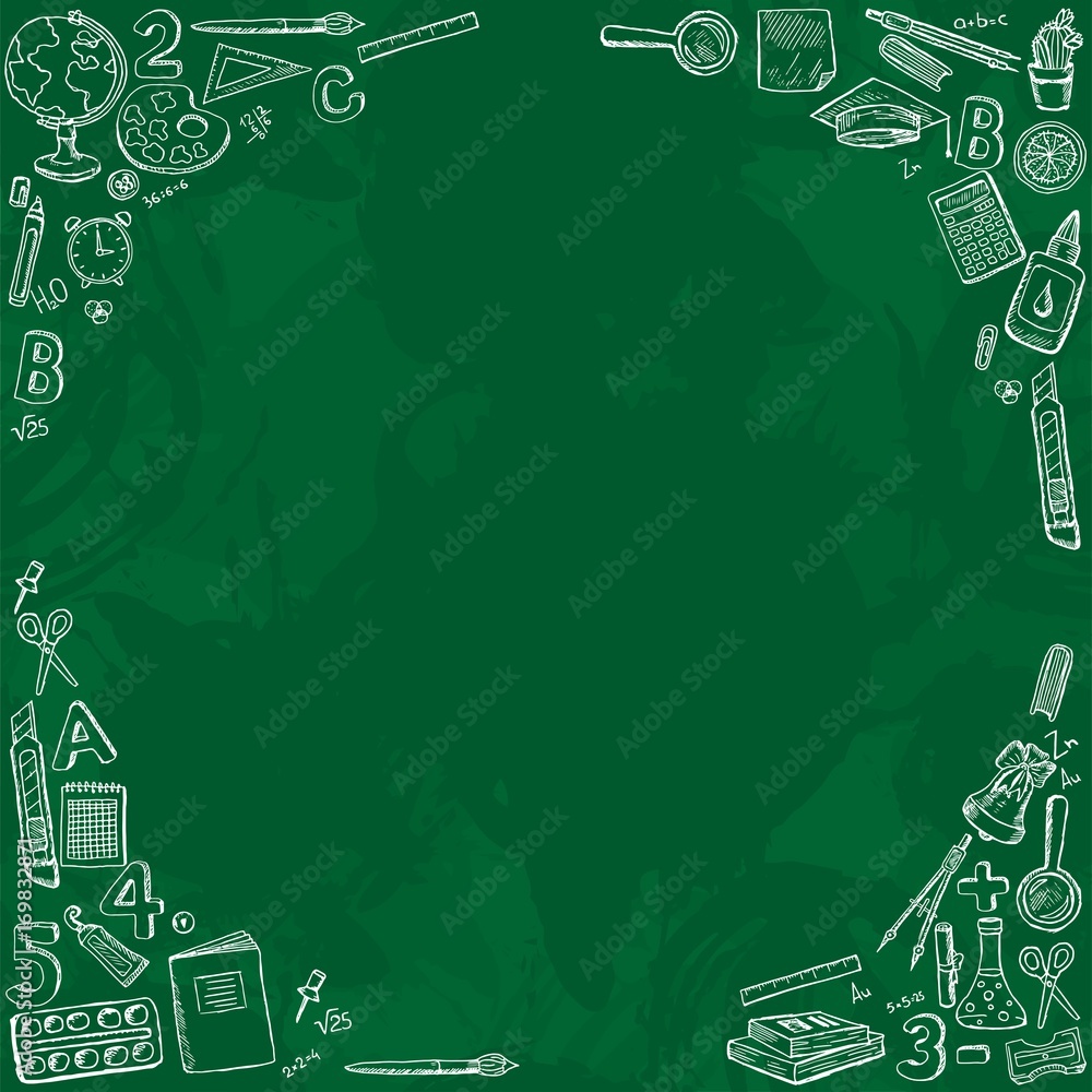 Frame with school icons.Stationery on a blackboard.Design for lessons, teacher's day, knowledge day.Vector illustration with sketch globe, alarm clock, book, pen, ruler and other stationery Frame with school icons.Stationery on a blackboard.Design for lessons, teacher's day, knowledge day.Vector illustration with sketch globe, alarm clock, book, pen, ruler and other stationery