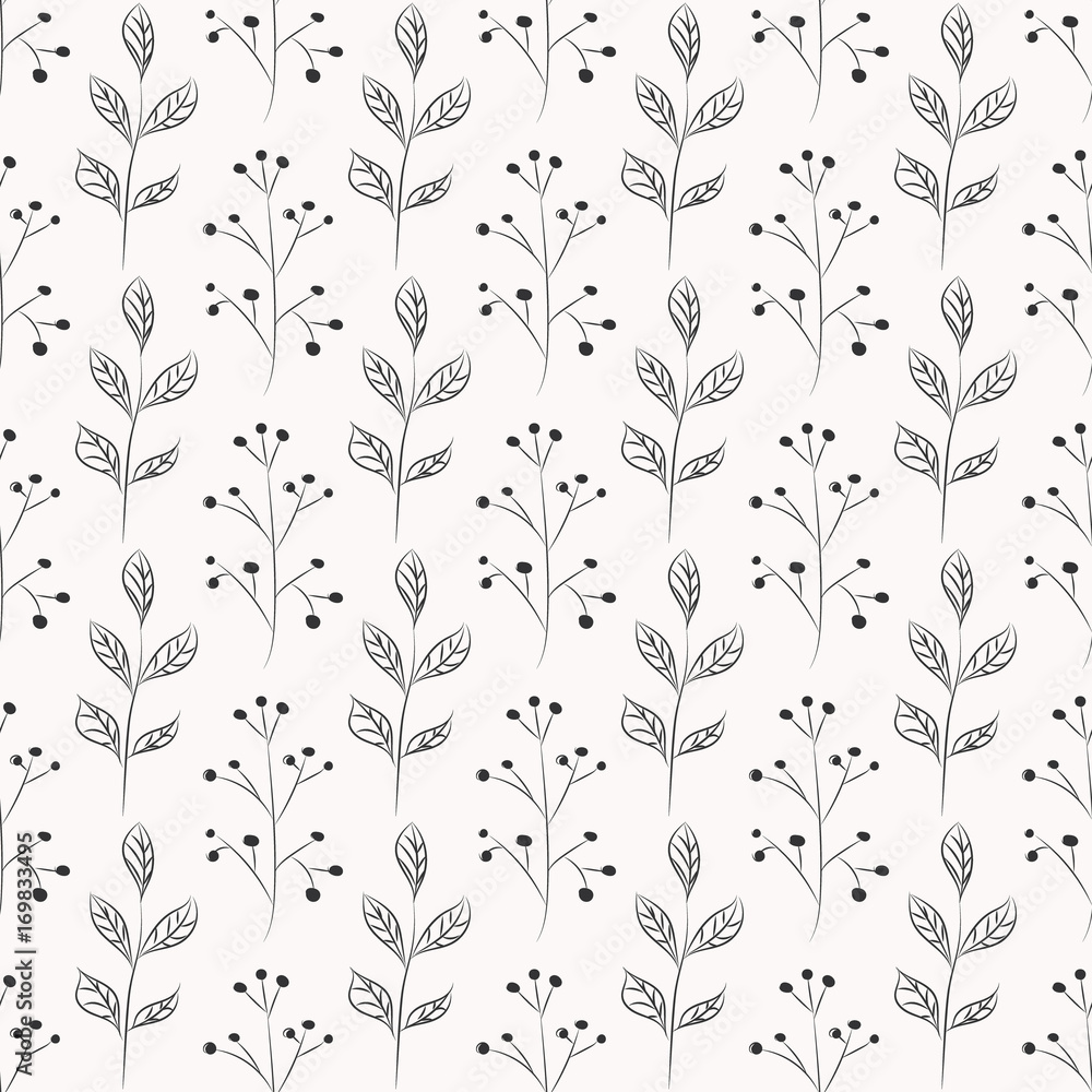 Hand drawn branches. Seamless botanical background with branches and berries